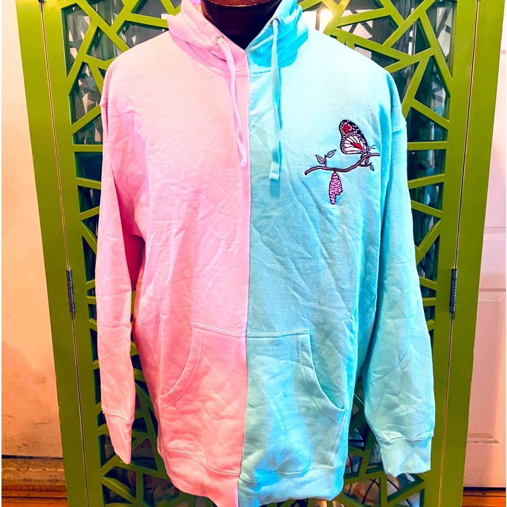 UNXPECTD “Butterly in the sky, i can go twice as high” Pink/Teal two tone hoodie